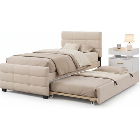 FurnitureR Schlafzimmer Set Einzelbett 90×190 cm mit Ausziehbett inklusive 1 Nachttisch USB Steckdose LED Beleuchtung Stauraum platzsparend erweiterbar