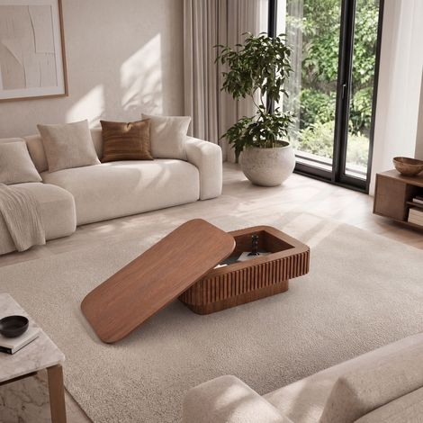Mesa de centro rectangular estriada de 98 cm con almacenamiento oculto, mesa de cóctel moderna chapada en madera maciza, fácil montaje en 5 minutos, mesa auxiliar para sala de estar, dormitorio, apart (1/5)