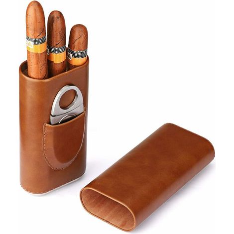 Cave à cigares en cuir marron 3 doigts – Coupe-cigare en acier inoxydable argenté – Dimensions 18 x 16.2 x 10.2 cm (1/4)