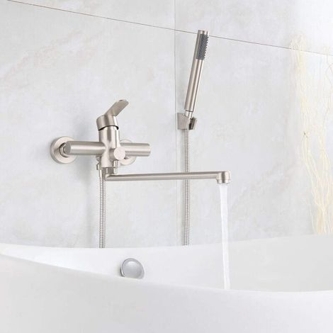 Robinet de baignoire avec douche à main, mitigeur de douche à main rond à poignée unique, robinet de douche mural en acier inoxydable brossé pour salle de bain (longueur de sortie : 35 cm) (1/5)