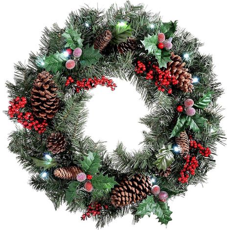 Couronne de Noël de 40 cm en pin et baies de couleur naturelle avec décoration pré-illuminée (1/5)