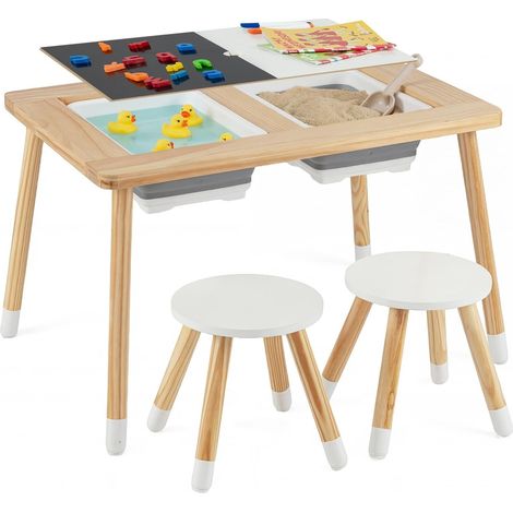 COSTWAY Set Tavolo con 2 Sedie per Bambini 3+, Legno, Piano Doppio Rimuovibile, Sedie Rotonde (1/5)