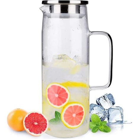 Pichet en verre borosilicate pour eau, jus ou thé glacé, avec couvercle et brosse de nettoyage, capacité 1200 ml. (1/5)