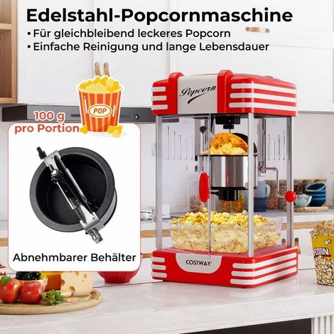 Machine à pop-corn rétro rouge et blanche avec cuve inox 555 ml et lampe chauffante 10 W pour salon, cinéma maison et fêtes (1/5)