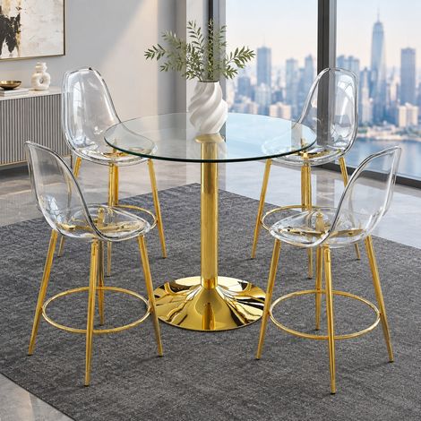Lot de 5 meubles de bar : table ronde en verre transparent Ø 89 x H 92 cm et 4 tabourets en plastique, structure métal doré, pieds réglables FLORAGRACE (1/5)