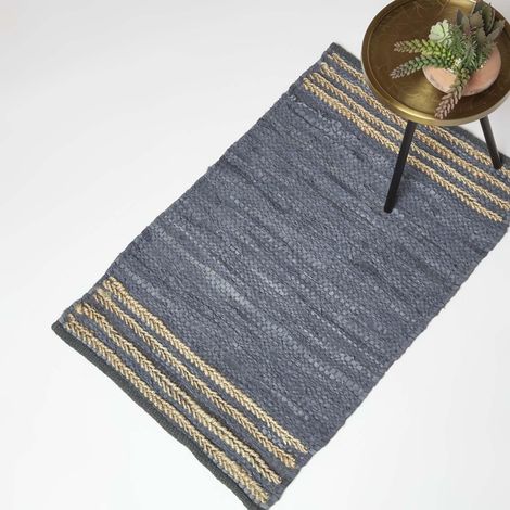 HOMESCAPES Lederteppich grau mit Streifen 60 x 90 cm – Teppich aus Recycling-Leder