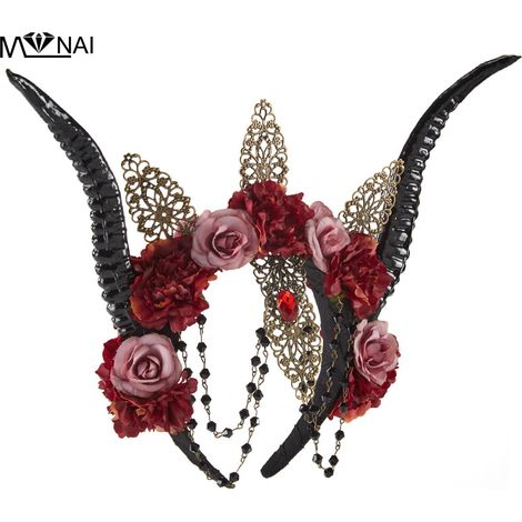 Gothic Lolita headband, ram horns, Lolita hair accessory, dark flower, KC skull, Halloween/Christmas headpiece (1/5)
