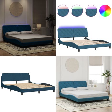 Bettgestell mit LED-Leuchten Blau 160x200 cm Samt - Samtsofa - Bettrahmen Blau - Doppelbett - Boxspringbett - LED Beleuchtung - Home & Living