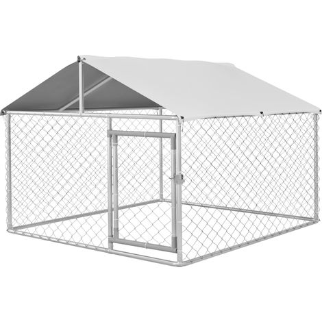 Recinto per Cani Taglia Media da Esterno 200x200x150 cm con Tetto Impermeabile Argento (1/5)