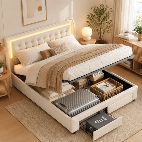 Lit coffre 140x190 cm avec 2 tiroirs, Lit adulte avec tête de lit éclairage LED, sommier à lattes inclus, tissu en velours, beige