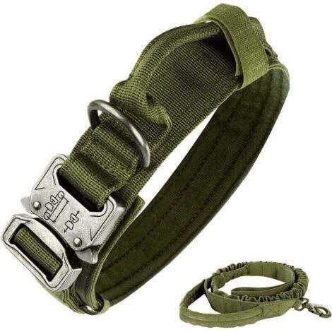Tactical Dog Collar, Nylon, Adjustable, K9 Collar, Heavy Duty Metal Buckle with Handle and Tactical Bungee Dog Leash, Nylon (XL, ArmyGreen) (1/4)