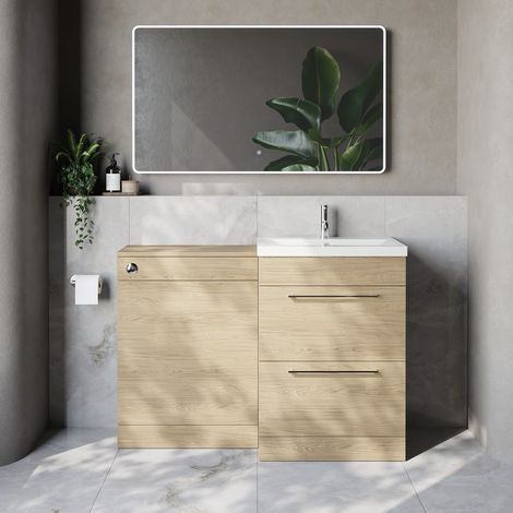 Napoli 390 Cento Light Oak 1200mm 2 Drawer Vanity Unit Toilet Suite with Glide Basin - 1200mm - Chrome 320mm HandleWithout Kingston Toilet Pan