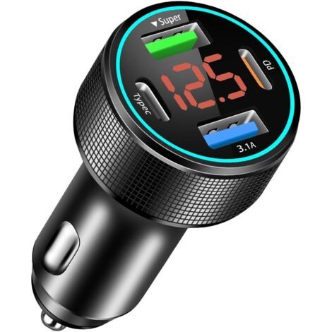 porte USB-C per accendisigari, caricabatterie da auto QC3.0 da 66 W e caricabatterie da auto PD da 30 W con voltmetro a LED per MacBook Pro, iPhone, iPad e dispositivi Samsung Galaxy. (1/5)