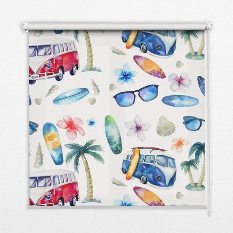 Innenrollo Fensterrollo - Rollo ohne Bohren - Sichtschutzrollo - Lichtdurchlässiges Rollo - Rechteckiges - Rollo - (70 cm x 140 cm) - Autos und Palmen auf Hawaii