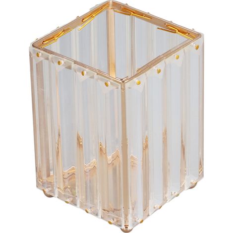 Soavoa Pot à Pinceaux de Maquillage en Acier Inoxydable et Verre, Rangement Carré Doré pour Salle de Bain, Bureau, Organisateur Stylos (1/4)