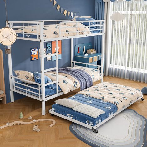 Lit Superposé 90x200cm avec Lit Gigogne 90x190cm - Lit enfant 3 places - Structure en Métal Robuste - Barrières de Sécurité - Blanc (1/5)