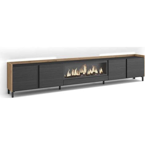 Mueble TV Algatocín-02 de 315x61x35 cm con chimenea y luces LED, diseño industrial, color negro y roble (1/4)