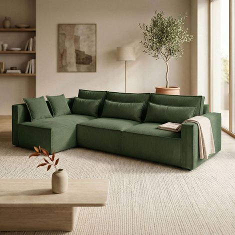 Canapé d'angle à gauche 294x140x88 cm en velours côtelé vert foncé (1/5)