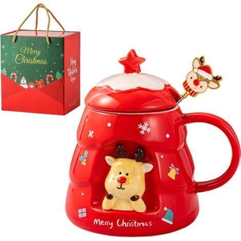 1 tasse de Noël, motif dessin animé, céramique, avec couvercle et cuillère, coffret cadeau (1/5)
