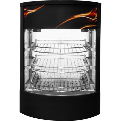 Speisenwärmer Heißtheke Warmhaltetheke Gewerblicher Glas warme Pizza Kuchen Vitrine schwarzer Stahl elektrisch 30 - 85°C Temperaturkontrollschalter Innenbeleuchtung 3-stufiges Drahtregal GRATIS Zange