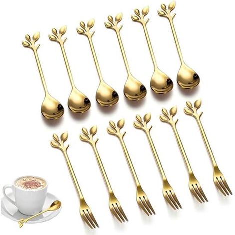 Juego de 12 piezas de cuchara y tenedor de postre, cuchara de helado de acero inoxidable, tenedor de fruta, cuchara de café, color dorado, 6 cucharas, 6 tenedores, cucharilla de café de cocina