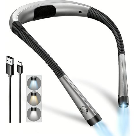 Lampe de cou Glocusent rechargeable USB-C, 3 couleurs & 6 luminosités, bras flexibles pour lecture et tricot sans déranger (1/4)