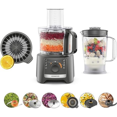 MultiPro Compact FDP31.360GY, Robot Culinaire, Disque Pétrir et Trancher, Presse Agrumes, Blender 1.2L, 2 Vitesses + Pulse, Bol 2.1L, 800W, Gris (1/3)