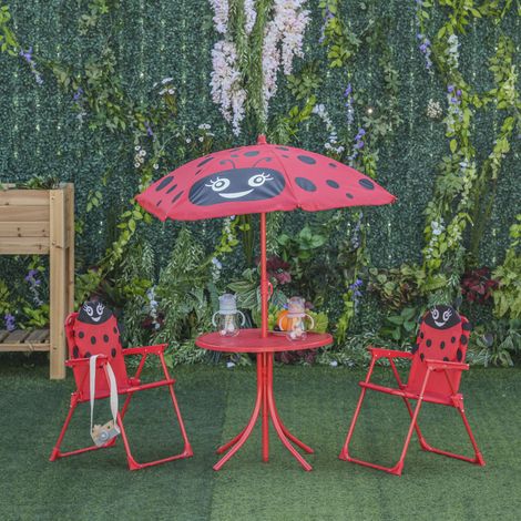 Set da giardino per bambini Outsunny con tavolo e sedie, set da picnic pieghevole per bambini, tavolo con ombrellone regolabile in altezza (100-125 cm), design a coccinella, rosso