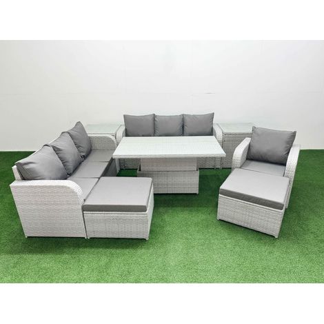 Fimous 9 Seater Poly Rattan Outdoor Garden Furniture Adjustable Lifting Dining or Coffee Table Sofa Set Patio 3 Seater Sofa Reclining Chair 3 Seater Sofa 2 Big Footstools 2 Side Table Light Grey (1/5)