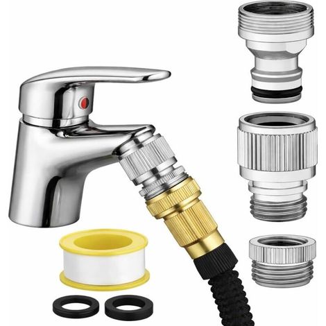 Raccord rapide pour robinet d'évier - Adaptateur robinet-tuyau pour cuisine/salle de bain. Compatible avec tuyau de douche, tuyau d'arrosage, machine à laver portable, tuyau de bain pour animaux. (1/5)