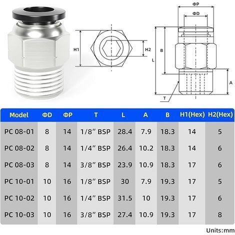 Raccords en cuivre mâle droits 8mm OD x 1/4 BSP PC8-02 (10 pièces) (1/2)
