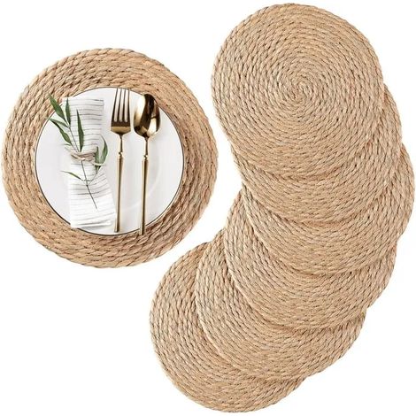 ®RisingFF Lot de 6 sets table rotin tissé 30 cm - Dessous verre résistants chaleur style bohème/campagne - Déco maison naturelle (1/5)