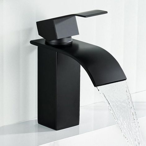 Vtizikl Robinet de lavabo de salle de bain cascade noir, robinet de lavabo de salle de bain noir (hauteur du bec 20,5 cm), robinet de lavabo de salle de bain cascade noir (eau chaude et froide) (1/4)
