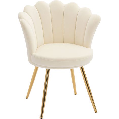 Fauteuil coquillage velours beige doré, chaise coiffeuse design salon avec pieds métal doré, assise coquillage confortable pour salon ou chambre, déco élégante. (1/5)