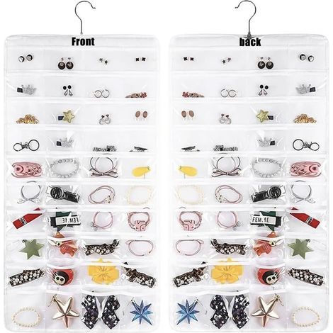 Organizador de joyas colgante de doble cara: Organizador de joyas colgante, 80 compartimentos pequeños, soporte para pendientes, bolsa de almacenamiento. (1/4)