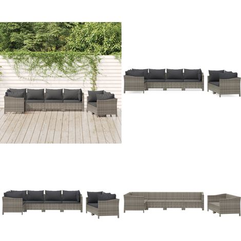 Salon de jardin 7 pcs avec coussins Gris Résine tressée - Salon De Jardin - Mobilier De Jardin - Ensemble Salon - Meubles De Jardin - Set Salon Extérieur - Home & Living