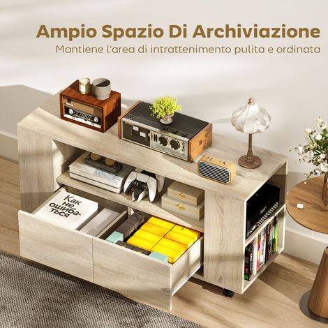 Mobile Porta TV da 42" con Ruote Girevoli e Freno, Ripiani Regolabili e Cassetti, 102x34.5x48.5 cm, Legno (1/5)