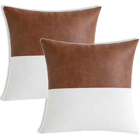 Lot de 2 housses de coussin carrées en patchwork de coton noir et similicuir, décoration moderne 45 x 45 cm (1/5)