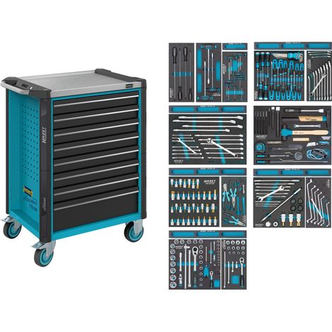 Werkstattwagen servante d'atelier Assistent ∙ mit Sortiment 179NX-8/244 ∙ Tiroir, plat: 7 x 81 x 522 x 398 mm ∙ Tiroir, haut: 1 x 166 x 522 x 398 mm ∙ Nombre d'outils : 244 (1/4)
