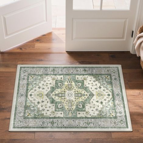 Tapis Entree Interieur Vintage 60x90cm Lavable en Machine AntidéRapant Poil Ras, pour Chambre Salle a Manger Descente de Lit Bureau, Cuisine, Vert Sauge Délavé (1/5)