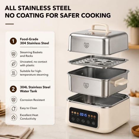 12.5L Cuiseur Vapeur Électrique en Acier Inoxydable 304 2 Niveaux, 6 Programmes Intelligents, Minuterie 24 h,Idéal pour les Foyers de 1 à 3 Personnes, Cuisson Polyvalente (1/4)