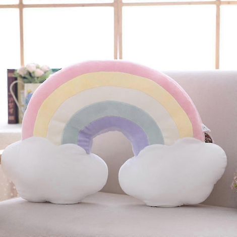 Coussin décoratif en peluche motif ciel arc-en-ciel, nuages, étoiles et lune, couleurs bonbon. Idéal pour les enfants. Cadeau parfait pour la maison, le salon ou le bureau. (1/5)