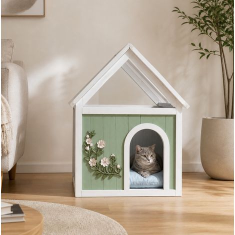 Casa para gato y perro pequeño con techo acrílico, mesa auxiliar superior, madera y plástico menta (1/5)