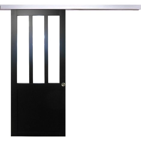 Officina di porte scorrevoli con vetro trasparente rivestito di nero H204 x L83 + binario in alluminio + 2 gusci installati (1/5)