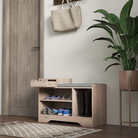 Banc de rangement à chaussures gris rembourré avec siège, tiroir et 3 étagères ouvertes pour l'organisation de l'entrée. (1/5)