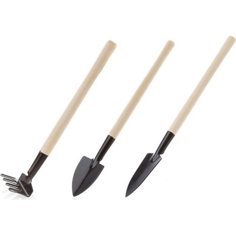 3-teiliges Mini-Schaufel- und Rechen-Set für die Gartenarbeit, inklusive Holzgriff und Metallkopf, ideal für die Pflege von Topfpflanzen und als Gartenzubehör.