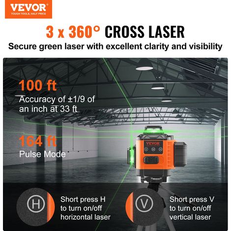 Niveau Laser 30 m Niveau Laser 360° x 3 Ligne Croisée Verte Mode Autonivelant Manuel Longueur d'Onde Laser 520 nm ± 10 nm Précision de 0,28 cm à 10 m 8 h de Travail Continu avec Batterie Support (1/5)
