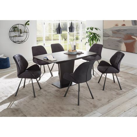 Esszimmer Komplett Set KAPRUN-119 moderner Look, Ausziehtisch mit Keramikoberfläche in dunkelbraun/rost, Polsterstühle mit Kunstleder in anthrazit