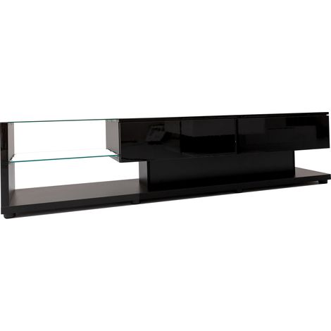 Mueble TV negro brillante de 170 cm con 2 cajones, estantes de vidrio y LED, MODENUIT (1/5)