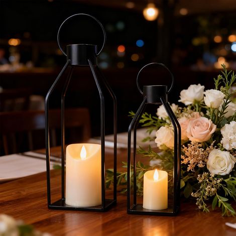 Lanterne Exterieur, Lot de 2 lanternes de Jardin avec Bougies LED - 32+40 cm - en Acier Inoxydable - Lanternes décoratives pour l'extérieur - Décoration de Table de Mariage - Noir (1/5)